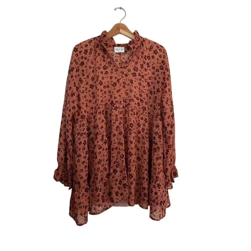 Solai Women's Brown Long Sleeve Pullover Floral Print Shirt Size Small